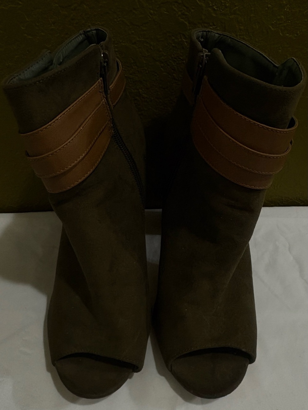 JustFab Olive Green Peep-Toe Ankle Booties with Brown Strap Detail